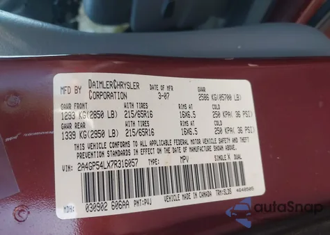 2007 Chrysler Town & Country Touring z USA, uszkodzony, nr VIN 2A4GP54LX7R316057